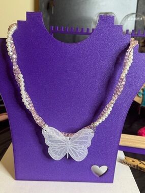 white glitter Butterfly Necklace with Pearls and square pink glass beads